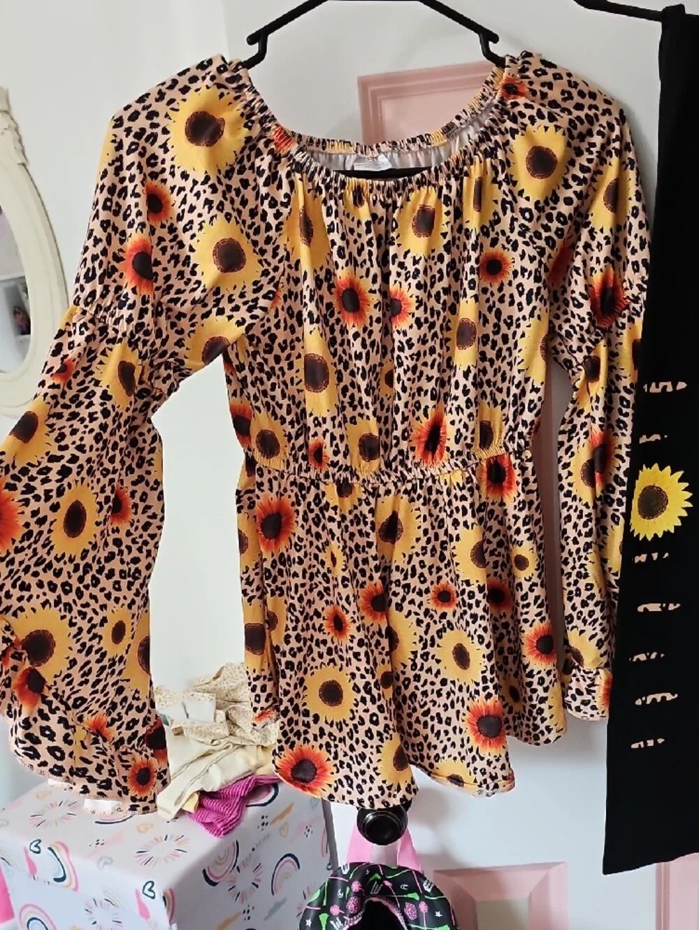 Girls Sunflower Leopard Print Peplum Top and Black Sunflower Leggings Set